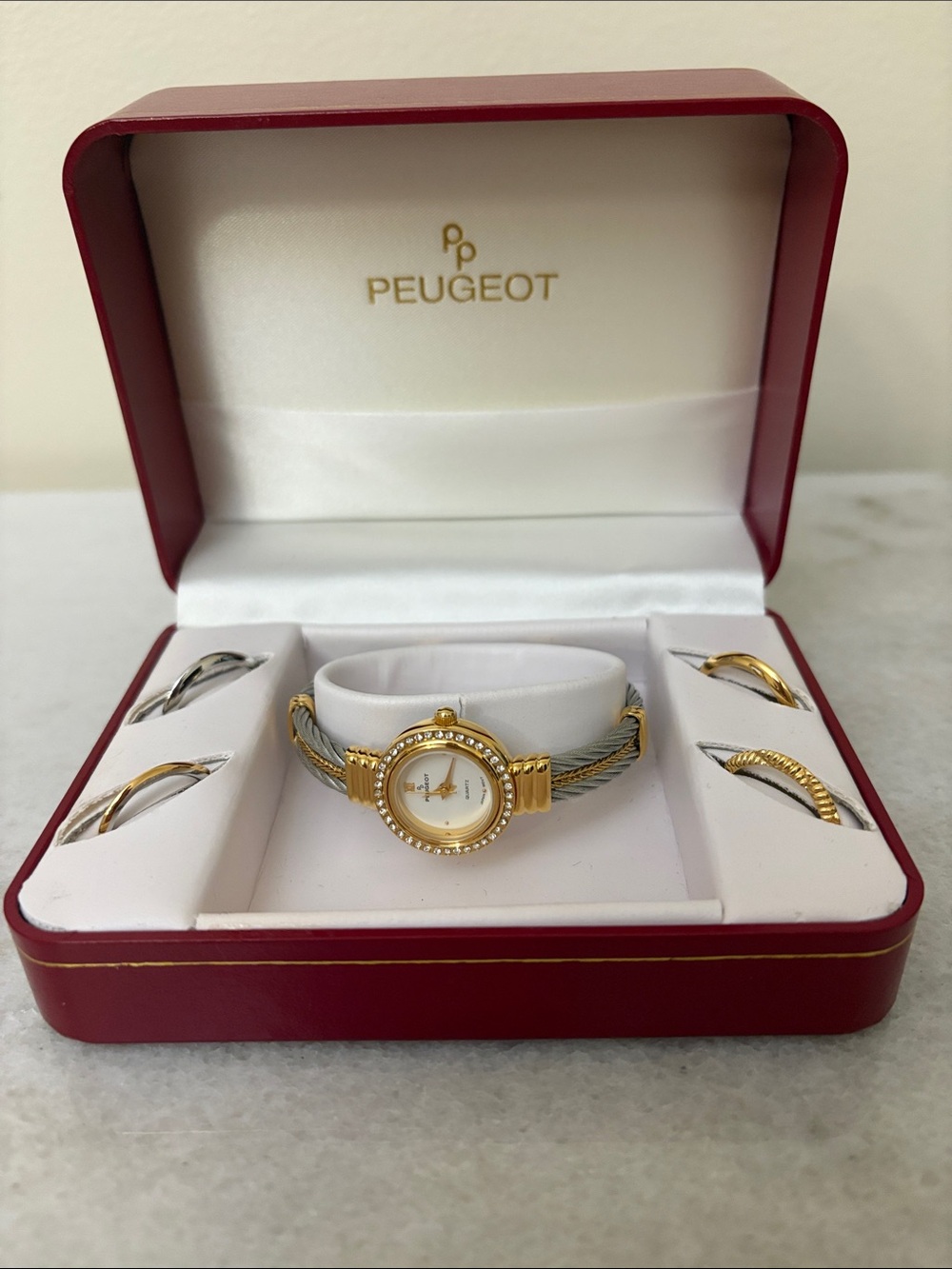 Peugeot Gold and Silver Cable Bracelet Watch with Interchangeable Accents